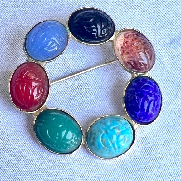 Vintage Scarab Brooch Silver Tone Semi Precious Stones Egyptian Revival Jewelry - Picture 7 of 8
